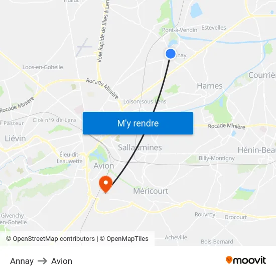 Annay to Avion map
