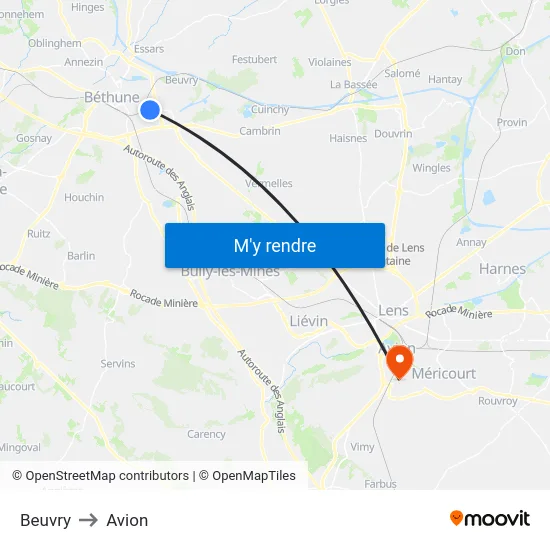 Beuvry to Avion map