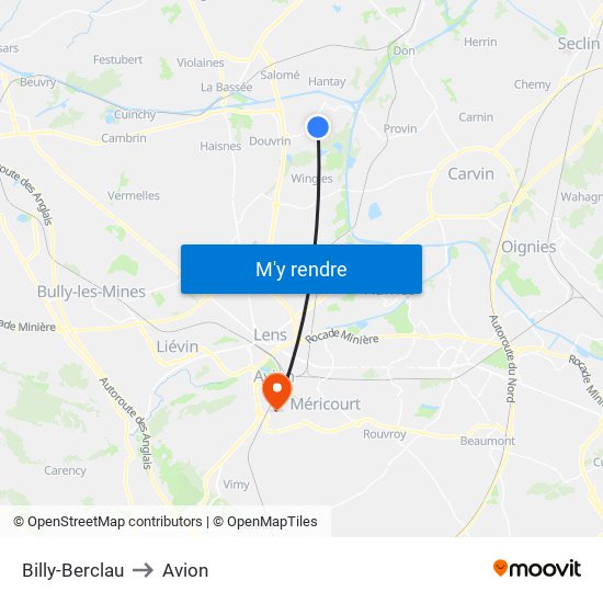 Billy-Berclau to Avion map
