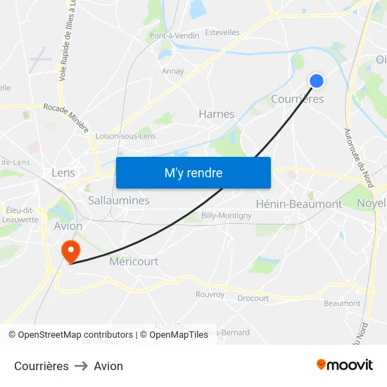 Courrières to Avion map