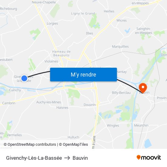 Givenchy-Lès-La-Bassée to Bauvin map