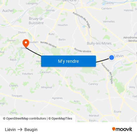 Liévin to Beugin map