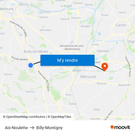 Aix-Noulette to Billy-Montigny map