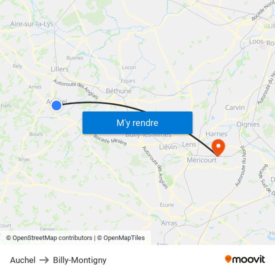 Auchel to Billy-Montigny map