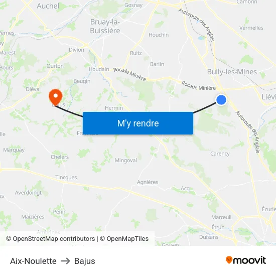 Aix-Noulette to Bajus map