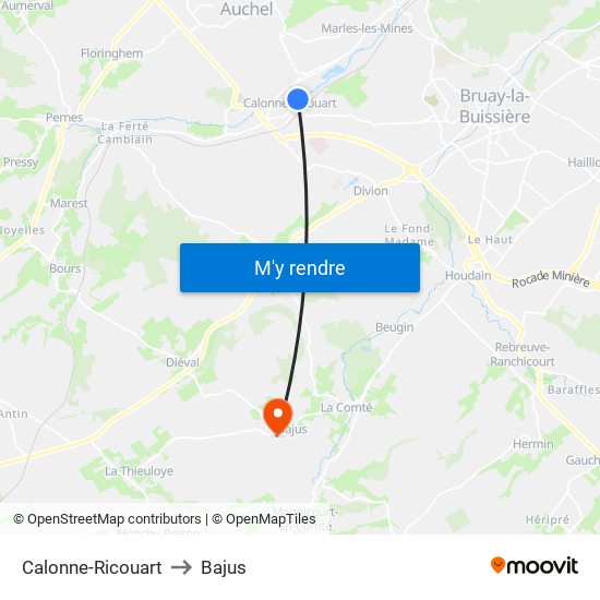 Calonne-Ricouart to Bajus map