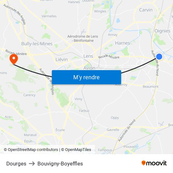 Dourges to Bouvigny-Boyeffles map