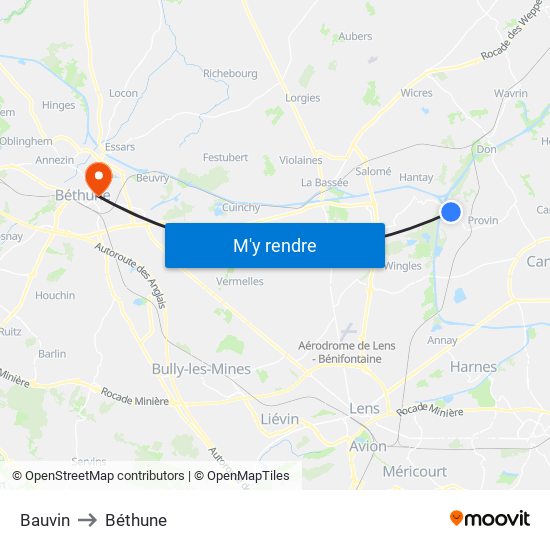 Bauvin to Béthune map