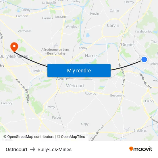 Ostricourt to Bully-Les-Mines map