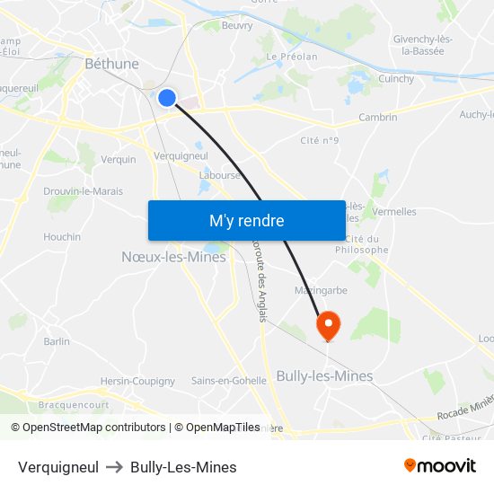 Verquigneul to Bully-Les-Mines map
