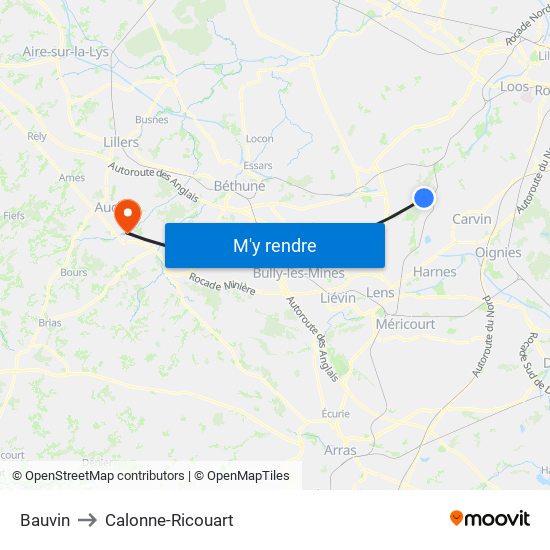 Bauvin to Calonne-Ricouart map