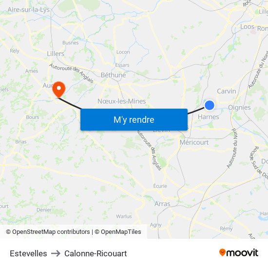 Estevelles to Calonne-Ricouart map