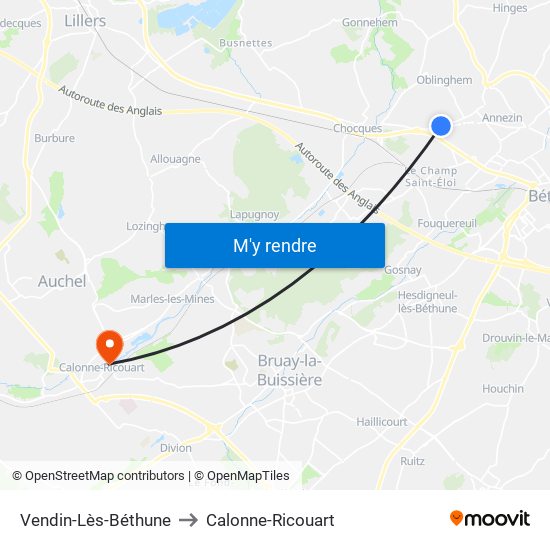 Vendin-Lès-Béthune to Calonne-Ricouart map