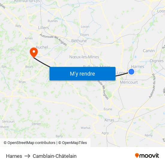 Harnes to Camblain-Châtelain map