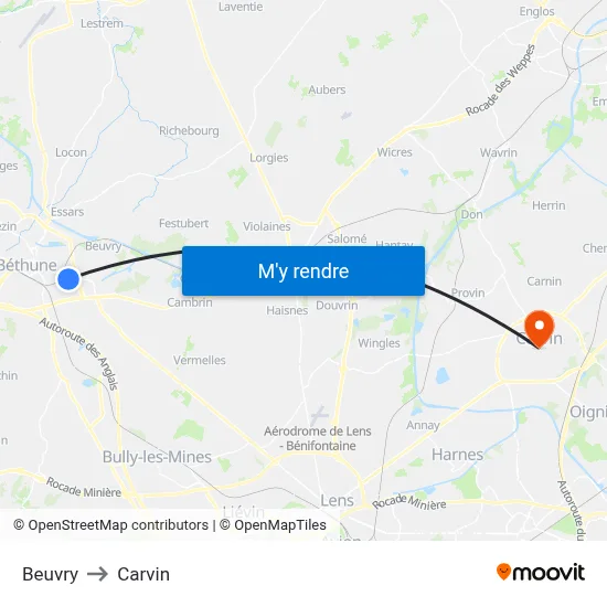 Beuvry to Carvin map
