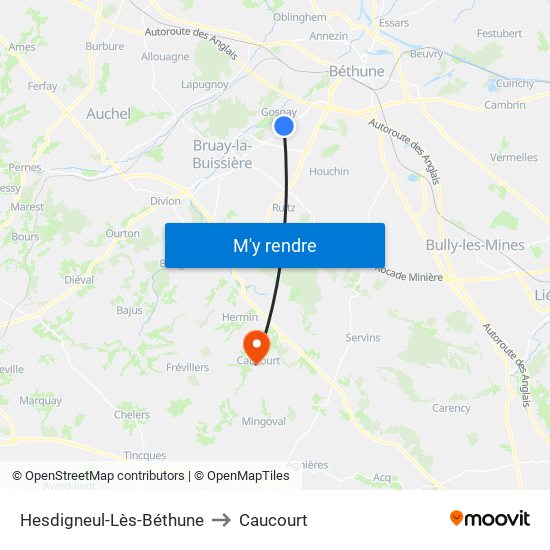 Hesdigneul-Lès-Béthune to Caucourt map