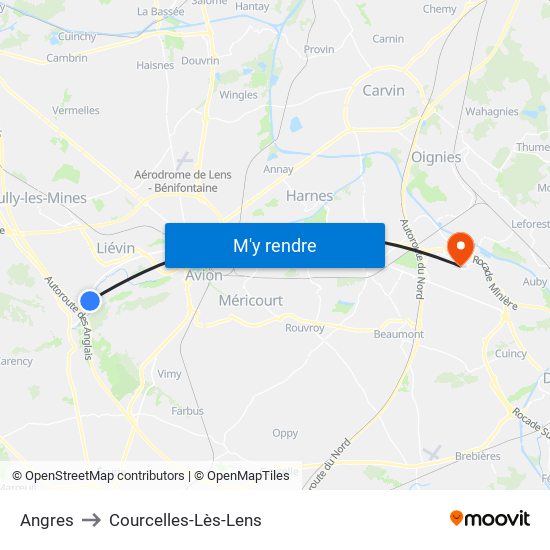 Angres to Courcelles-Lès-Lens map