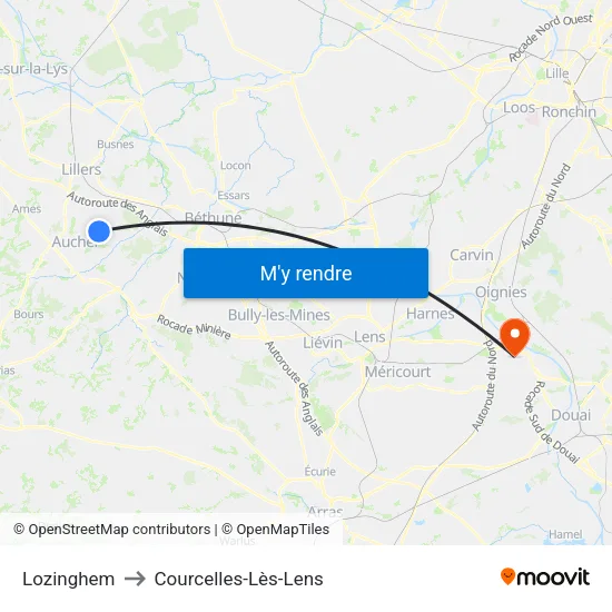 Lozinghem to Courcelles-Lès-Lens map
