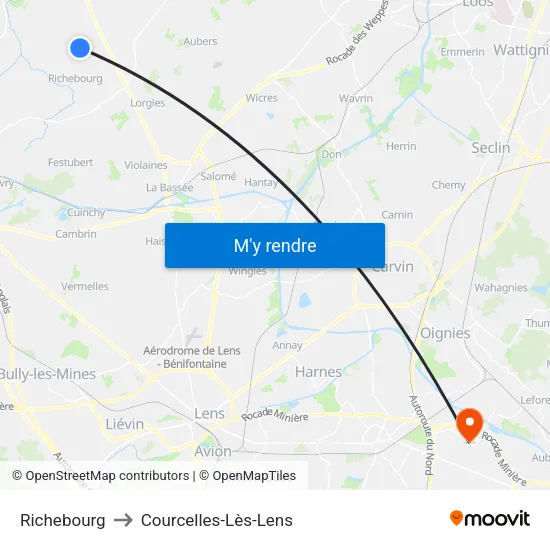 Richebourg to Courcelles-Lès-Lens map