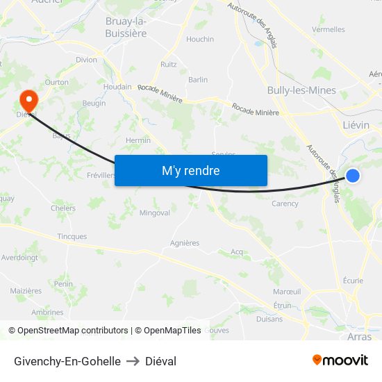 Givenchy-En-Gohelle to Diéval map