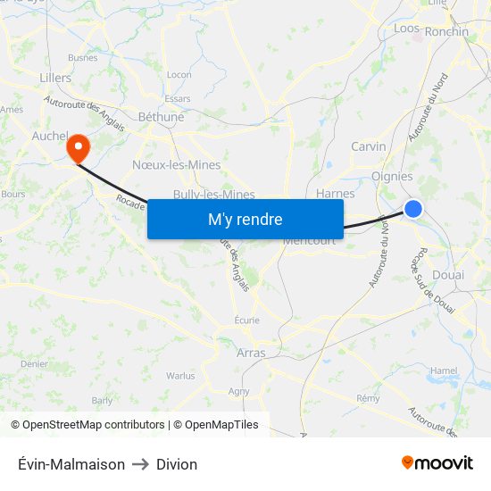 Évin-Malmaison to Divion map
