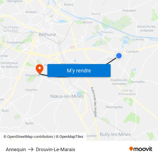Annequin to Drouvin-Le-Marais map