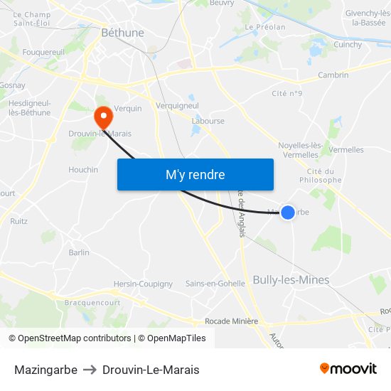 Mazingarbe to Drouvin-Le-Marais map