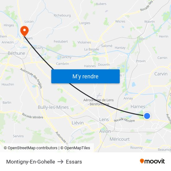 Montigny-En-Gohelle to Essars map