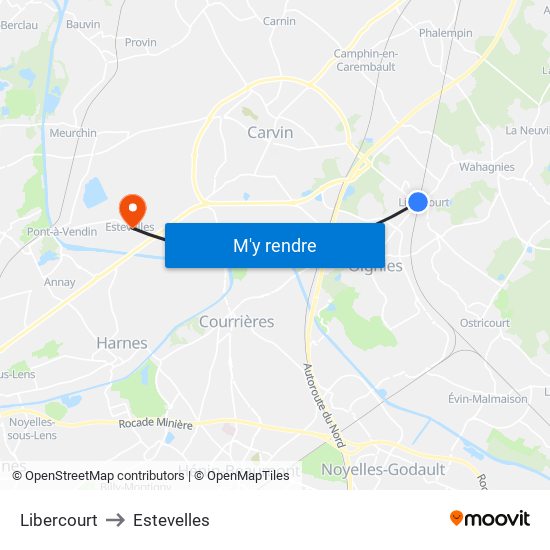 Libercourt to Estevelles map