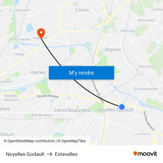 Noyelles-Godault to Estevelles map