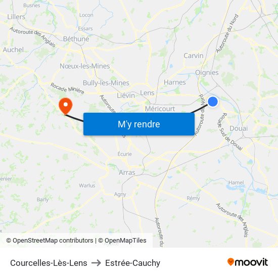Courcelles-Lès-Lens to Estrée-Cauchy map
