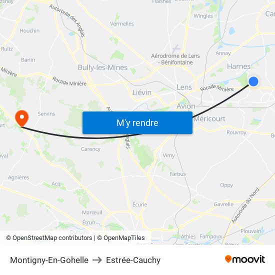 Montigny-En-Gohelle to Estrée-Cauchy map