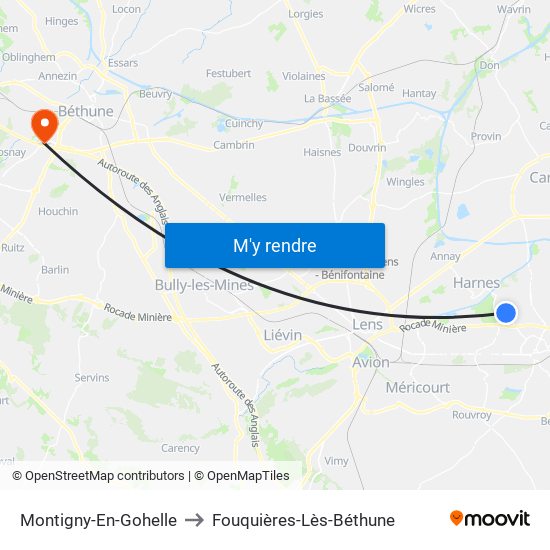 Montigny-En-Gohelle to Fouquières-Lès-Béthune map