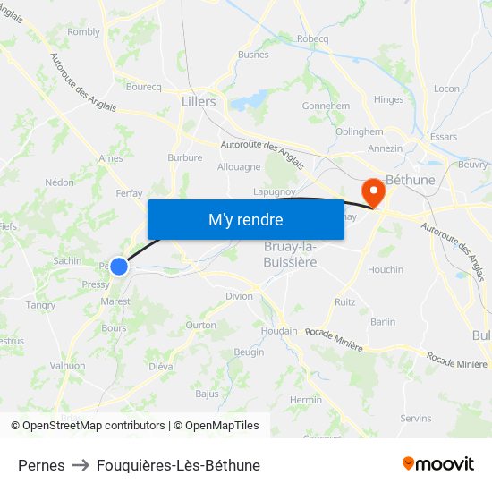 Pernes to Fouquières-Lès-Béthune map