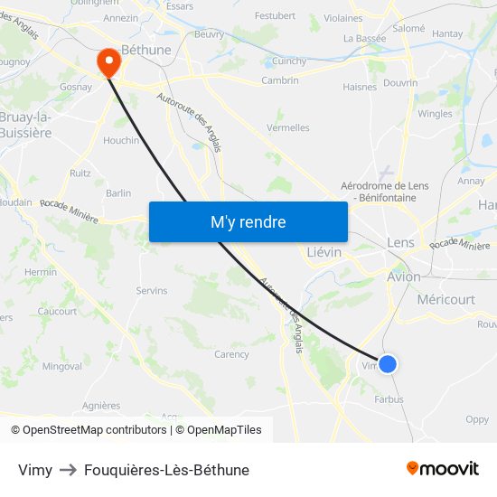 Vimy to Fouquières-Lès-Béthune map