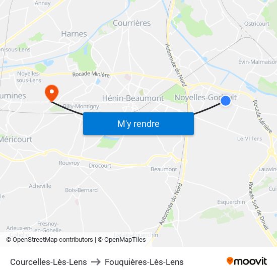 Courcelles-Lès-Lens to Fouquières-Lès-Lens map