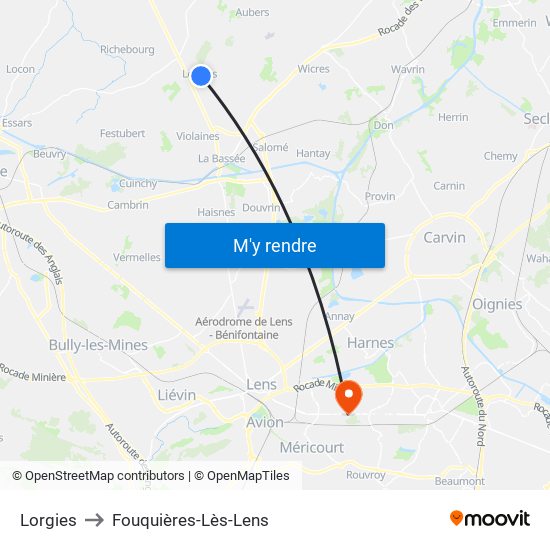 Lorgies to Fouquières-Lès-Lens map