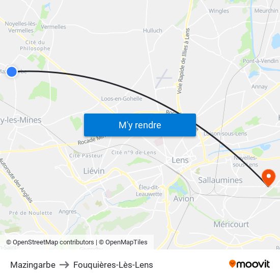 Mazingarbe to Fouquières-Lès-Lens map