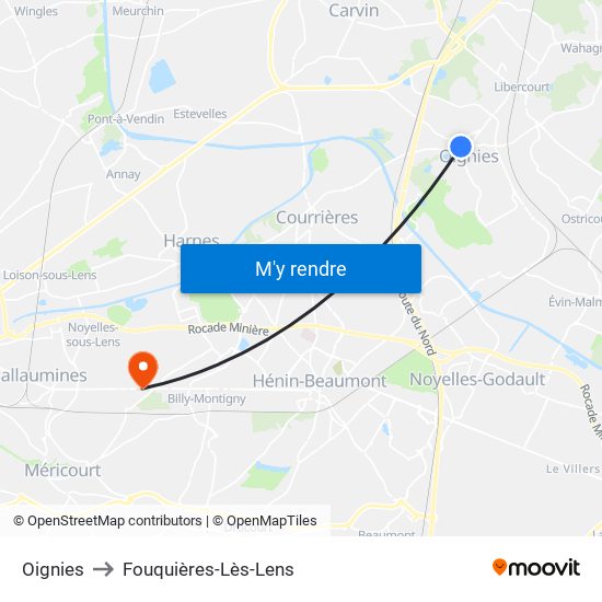 Oignies to Fouquières-Lès-Lens map