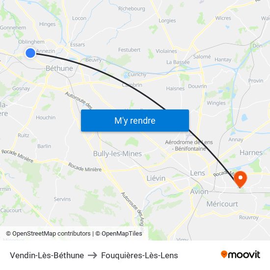 Vendin-Lès-Béthune to Fouquières-Lès-Lens map