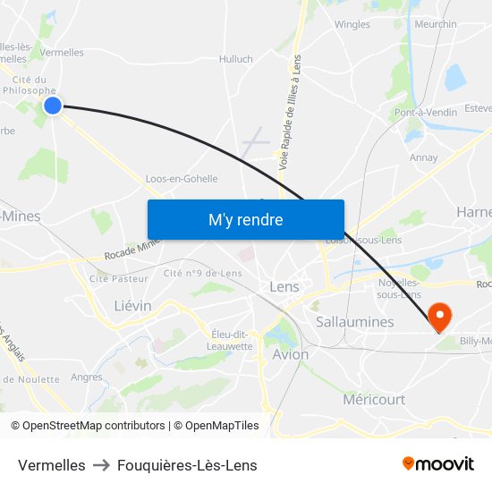 Vermelles to Fouquières-Lès-Lens map