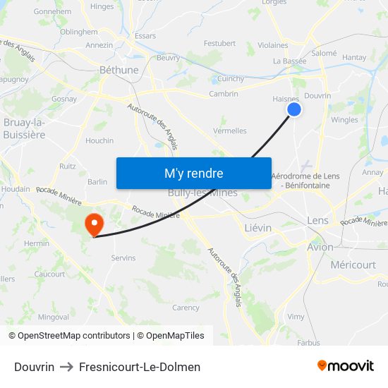 Douvrin to Fresnicourt-Le-Dolmen map