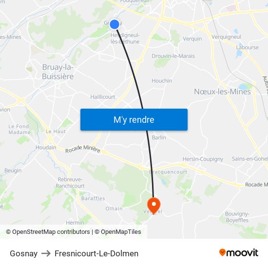 Gosnay to Fresnicourt-Le-Dolmen map