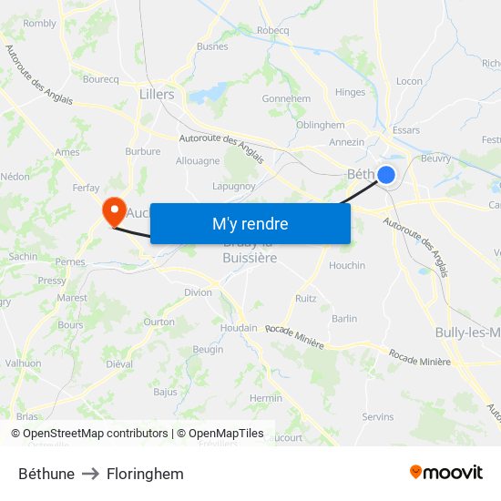 Béthune to Floringhem map
