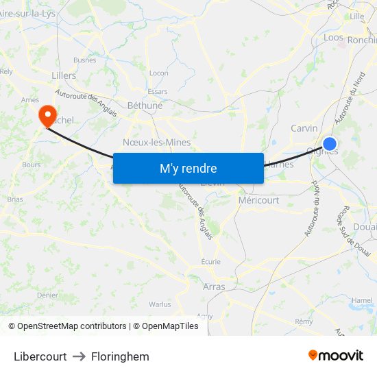 Libercourt to Floringhem map