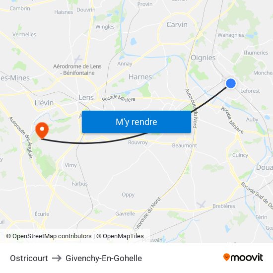 Ostricourt to Givenchy-En-Gohelle map