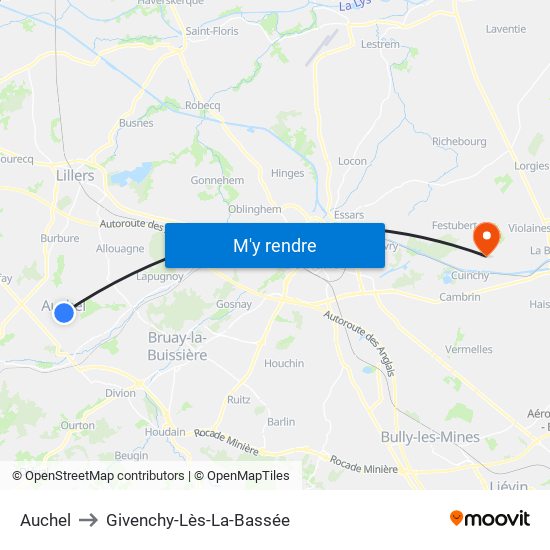 Auchel to Givenchy-Lès-La-Bassée map