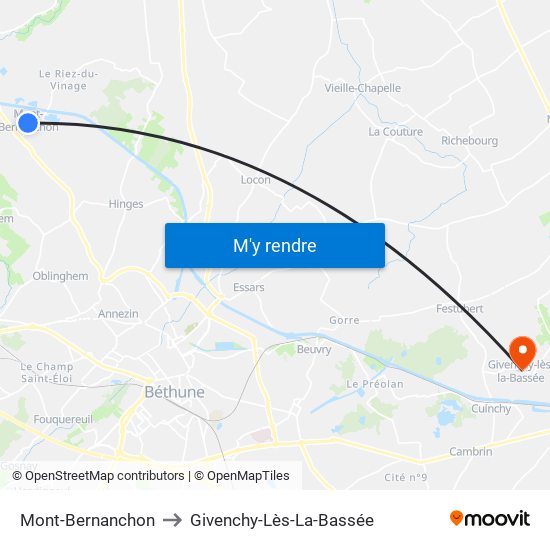 Mont-Bernanchon to Givenchy-Lès-La-Bassée map