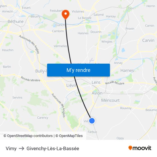 Vimy to Givenchy-Lès-La-Bassée map