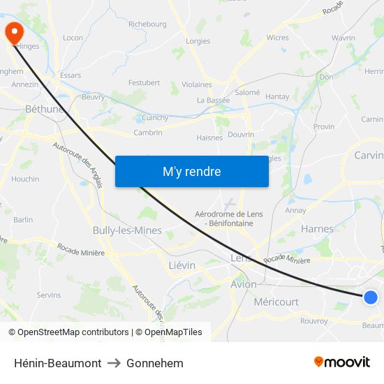 Hénin-Beaumont to Gonnehem map